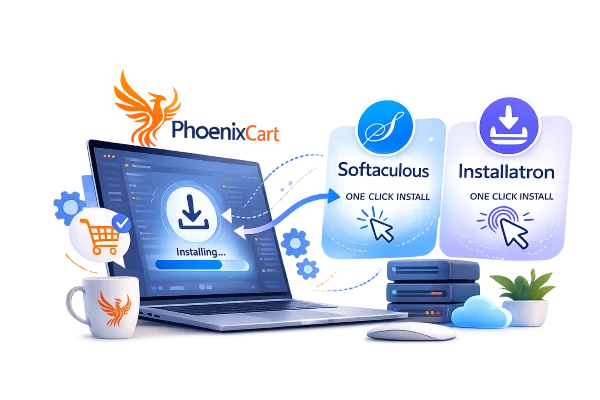 Illustration of Phoenix Cart install options with laptop and icons