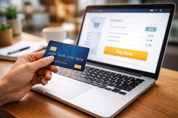 A woman's hand holding a credit card in front of a laptop displaying an online checkout page with a 'Pay Now' button.
